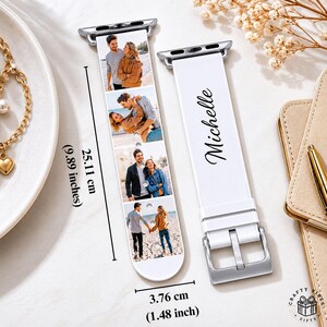 Personalized Apple Watch band with custom photo collage and name design printed on a soft silicone strap. The watch band is lightweight, comfortable for daily wear, sweat resistant, and compatible with Apple Watch sizes 38mm to 44mm. Perfect for personalized gifts, matching couple accessories, memorial keepsakes, or family-themed wearable fashion.