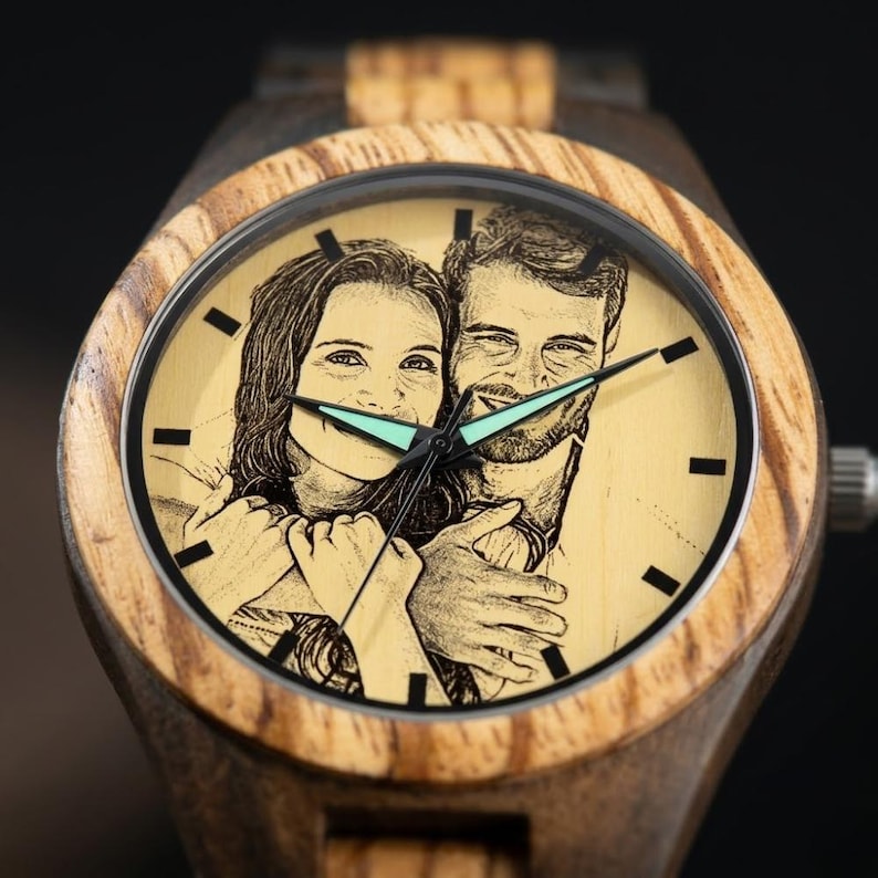 Custom wooden watch with photo insert on the face, rustic eco-friendly design, detailed craftsmanship with visible wood grain and durable adjustable strap