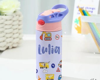 Kids Water Bottle - Personalized Tractor Flip Straw - Spill Resistant Lid, Stainless Steel, Eco Friendly, Custom Engraved 12oz