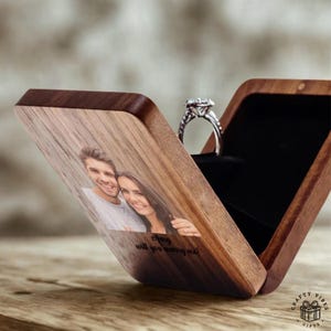 Custom Photo Slim Engagement Ring Box: Personalized Wooden Design, Natural Finish | Lightweight, Compact, Travel Friendly | Keepsake Gift