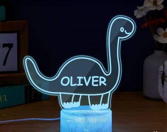 Night Light Custom Engraved Dinosaur Lamp: Personalized Kids LED Lighting, Color Changing Acrylic (USB Powered, Nursery Decor)