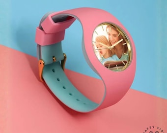Custom Photo Watch Silicone Personalized Dial: Gold Tone Markers, Waterproof Design (41mm, Engraved Back, Unisex Wear)