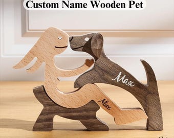 Decorazione da tavolo personalizzata a forma di cane in legno: incisione personalizzata con nome, scultura rustica autoportante / Legno leggero, regalo commemorativo / 15 x 12 cm