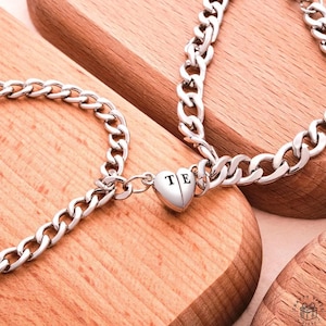 Custom Name Initial Chain Link Bracelet: Engraved Magnetic Heart Duo, Titanium Steel, Adjustable | Matching Couples Gift Set
