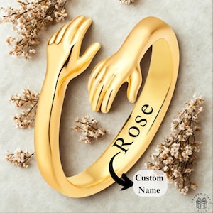 Engraved Hug Ring Adjustable Band: Symbolic Open Hands Wrap, Gold or Silver Stainless Steel (Custom Engraving, 21mm Comfort Fit)