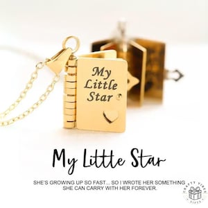 Mini Book Pendant Necklace, Personalized Daughter Gift, Star Keepsake (Stainless Steel, Adjustable Lobster Clasp, Dainty 23×18mm)