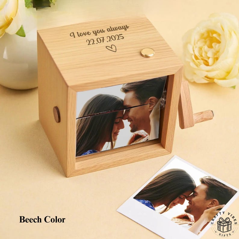 Custom Photo and Music Flipbook Frame Engraved Text Animation Machine Hand-cranked Photo Album with Light Anniversary Gifts Couple Gifts