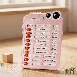 May include: A pink crocodile-shaped daily mini-goals chart with black and white eyes. It features tasks such as "wash up," "read," and "walking the dog," each with a time allocation. The chart also includes sections for reward, punishment, and redo options.