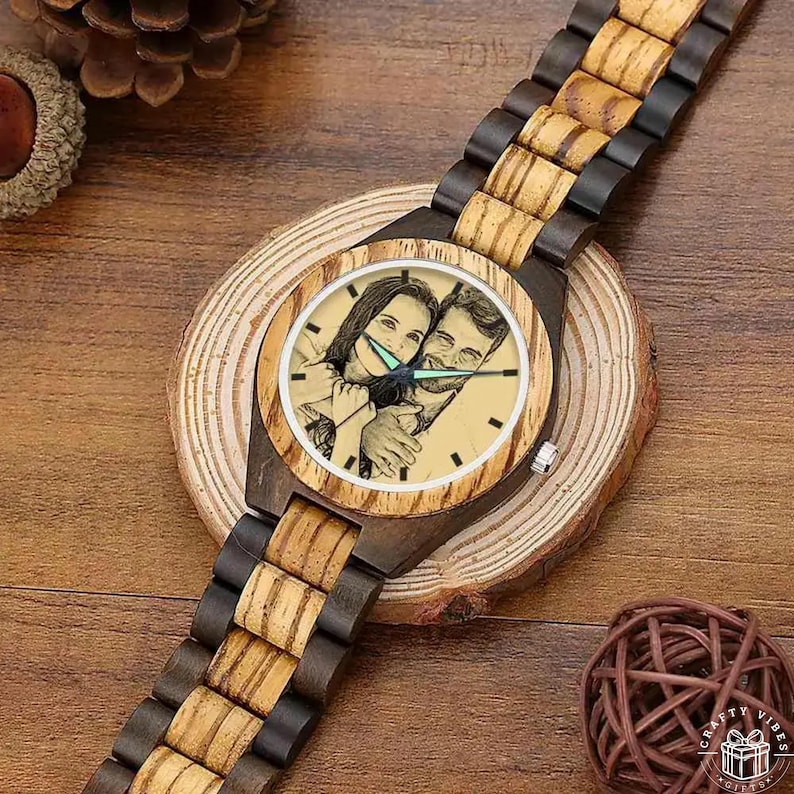 Personalized watch for boyfriend or husband with custom photo engraving.