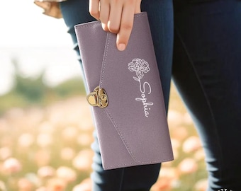 Birth Flower Wallet Personalized: Custom Bridal Shower Accessory, Floral Design (Handmade PU Leather, Secure Clasp, Compact)