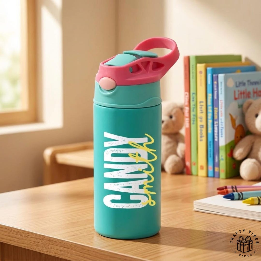 Personalized 12oz Kids Water Bottle With Name, Silicone Straw, Cute ...