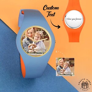 Unisex 41mm custom photo watch with soft silicone strap and full-color photo dial.