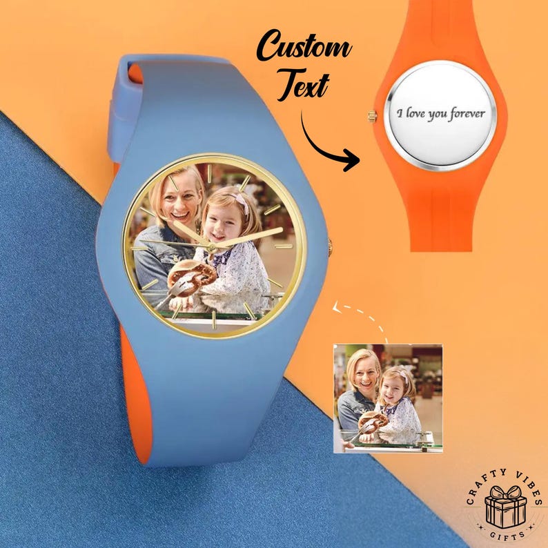 Unisex 41mm custom photo watch with soft silicone strap and full-color photo dial.