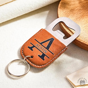 Personalized Leather Keychain Bottle Opener: Engraved Birthday Keepsake