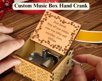 Hand Crank Mothers Day Gifts - Personalized Wooden Music Box - Vintage Engraved Keepsake, Custom Melody, Compact Size