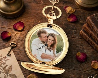 Elegante reloj de bolsillo vintage – Mensaje grabado personalizado / Acabado en negro, plata u oro con cadena de aleación / Regalo de aniversario para él