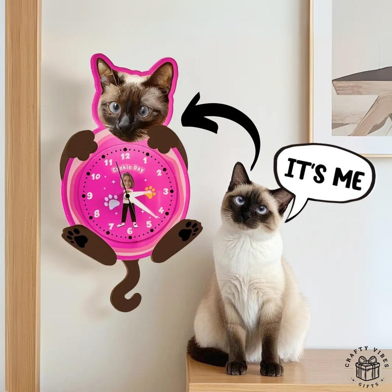 Custom wall clock with pet and owner portrait, personalized photo display.
