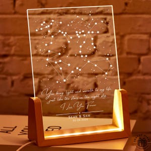 Lámpara de noche personalizada con mapa estelar: Lámpara romántica de constelaciones, LED, acrílico y madera (alimentada por USB, ideal para decorar el escritorio o la mesita de noche).