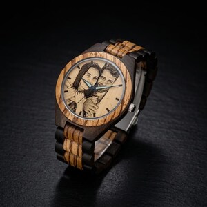 Eco-friendly wooden watch with personalized photo dial, minimalist yet elegant design, lightweight feel and adjustable band for a perfect fit