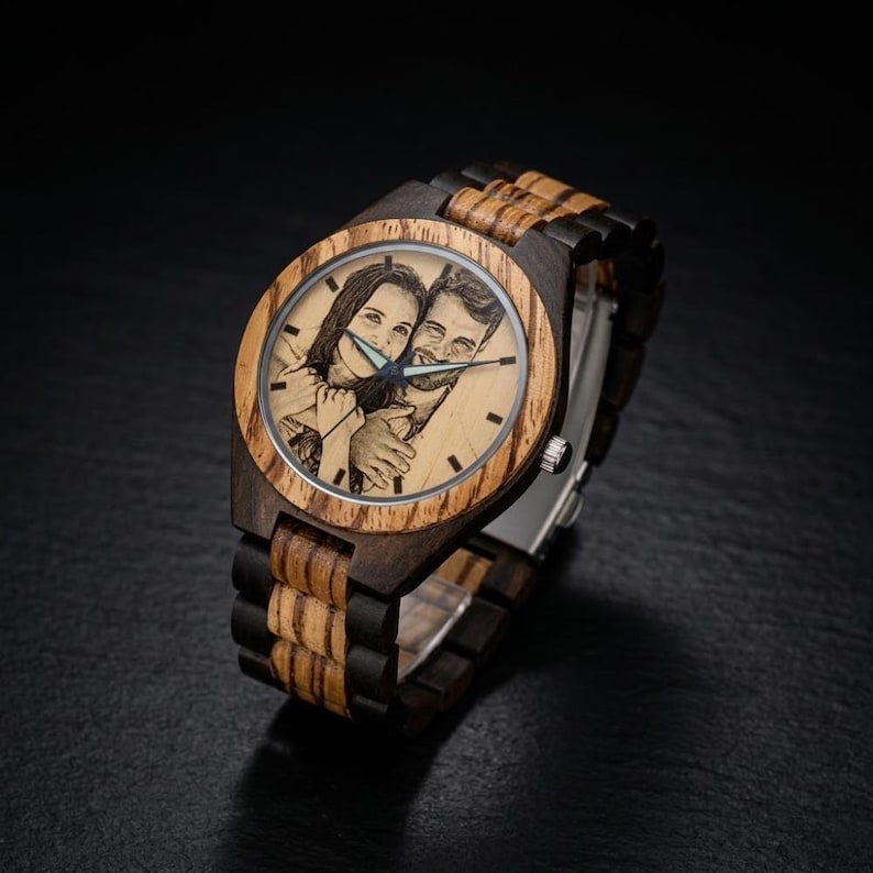 Eco-friendly wooden watch with personalized photo dial, minimalist yet elegant design, lightweight feel and adjustable band for a perfect fit
