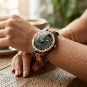 Custom engraved wood watch with adjustable strap and personalized photo dial, handcrafted design with natural tones and smooth polished finish
