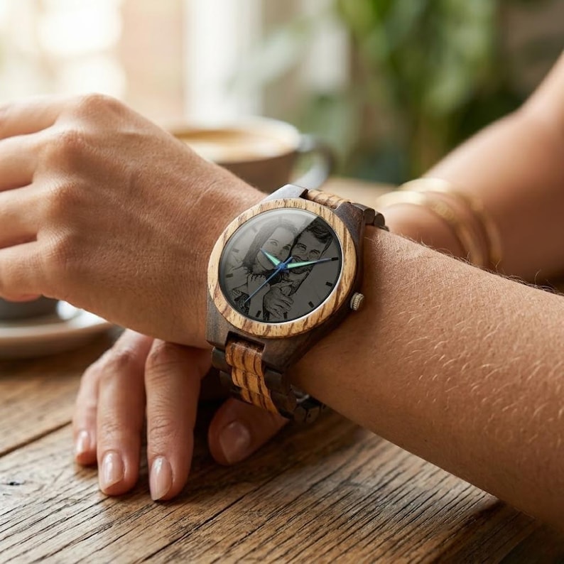 Custom engraved wood watch with adjustable strap and personalized photo dial, handcrafted design with natural tones and smooth polished finish