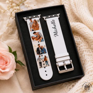 Silicone Apple Watch strap customized with multiple personal photos and a printed name overlay for a unique and emotional keepsake. The sweat-resistant material offers all-day comfort while displaying treasured moments in a stylish collage layout compatible with Apple Watch 38-44mm models.