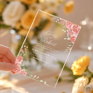 Invitación de boda personalizada de acrílico transparente con diseño floral, elegante recuerdo para despedida de soltera, compromiso, boda, regalo para parejas