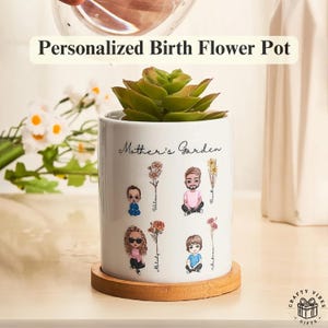 Personalized Birth Flower Plant Pot Custom Cartoon Figure Ceramic Planter Gift for Mom Grandma Birthday Mothers Day Home Decoration for Her