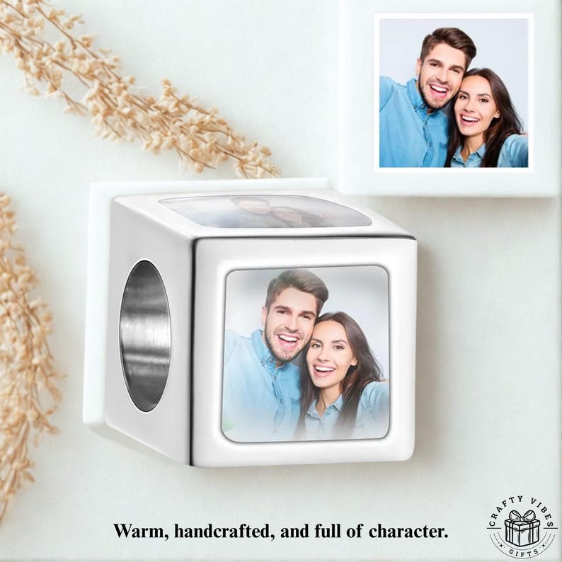 Unique copper charm bracelet with photos, perfect wedding or anniversary gift.