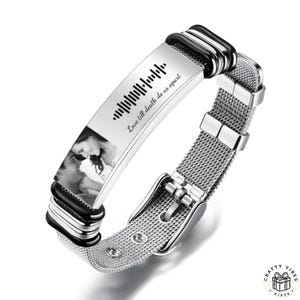 Aangepaste foto lied armband muziekliefhebber sieraden, zwarte stalen verstelbare ketting (lasergegraveerd, gepersonaliseerd, duurzaam)