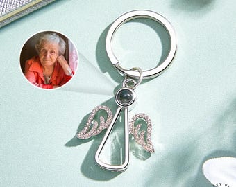 Llavero con foto con proyección: diseño de ángel, material de cobre (personalizable, 3,3 cm, regalo para personas en duelo).