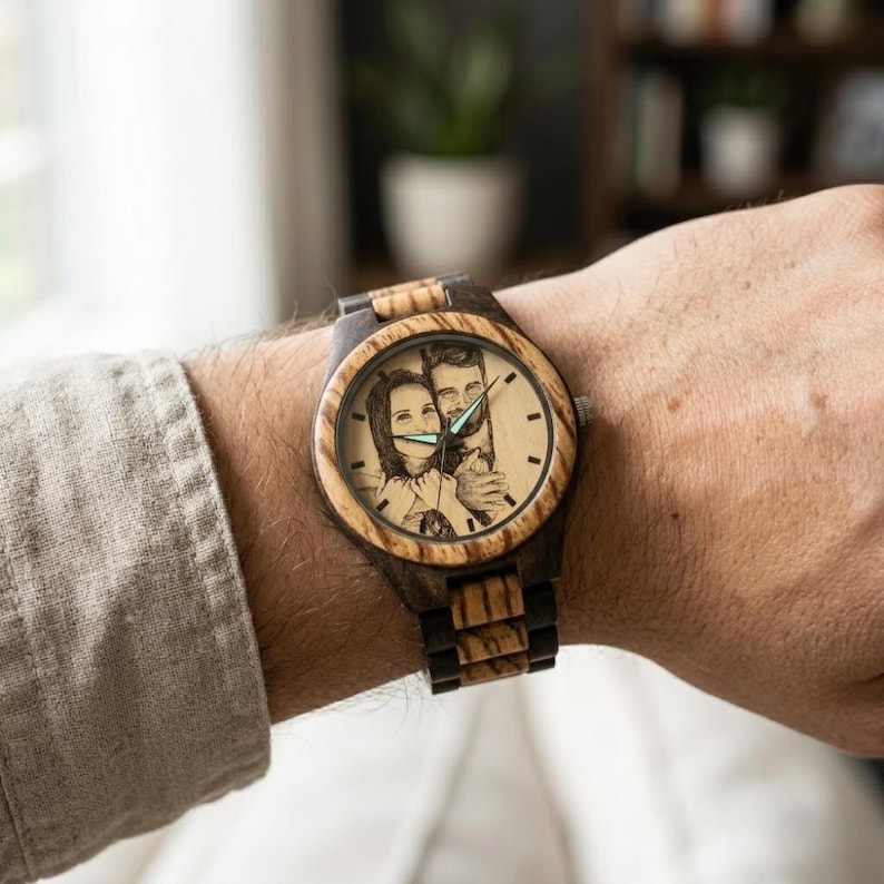 Personalized wooden watch with custom photo dial and engraved message on the back, eco-friendly men’s timepiece with adjustable band and natural wood grain finish