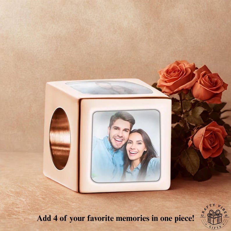 Square copper bracelet with 4 custom photo sides – meaningful memory jewelry.