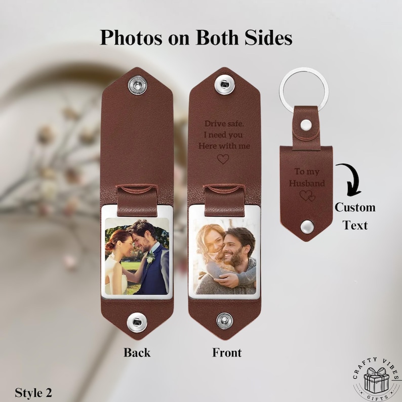 Custom Leather Photo Keychain Personalized Date Keyring Engraved Message Gift for Couple Anniversary Keepsake for Him Her Birthday Present