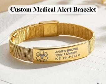 Braccialetto identificativo medico personalizzato in acciaio inossidabile con incisione, avviso per allergie, diabete, epilessia, autismo, regalo di emergenza ICE per lui, lei, adulti e bambini.