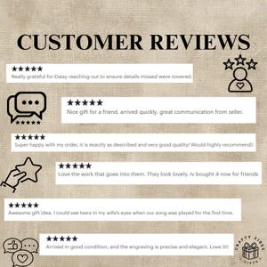 Customer reviews collage for a personalized wooden men's watch with an engraved face, gift for him, husband, or boyfriend.