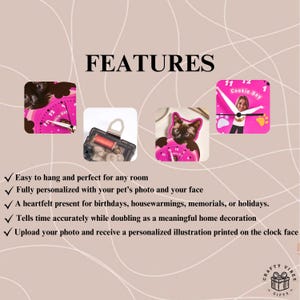 Custom wall clock photo display with pink pet-icon thumbnails and pet photo personalization, great as a housewarming gift.