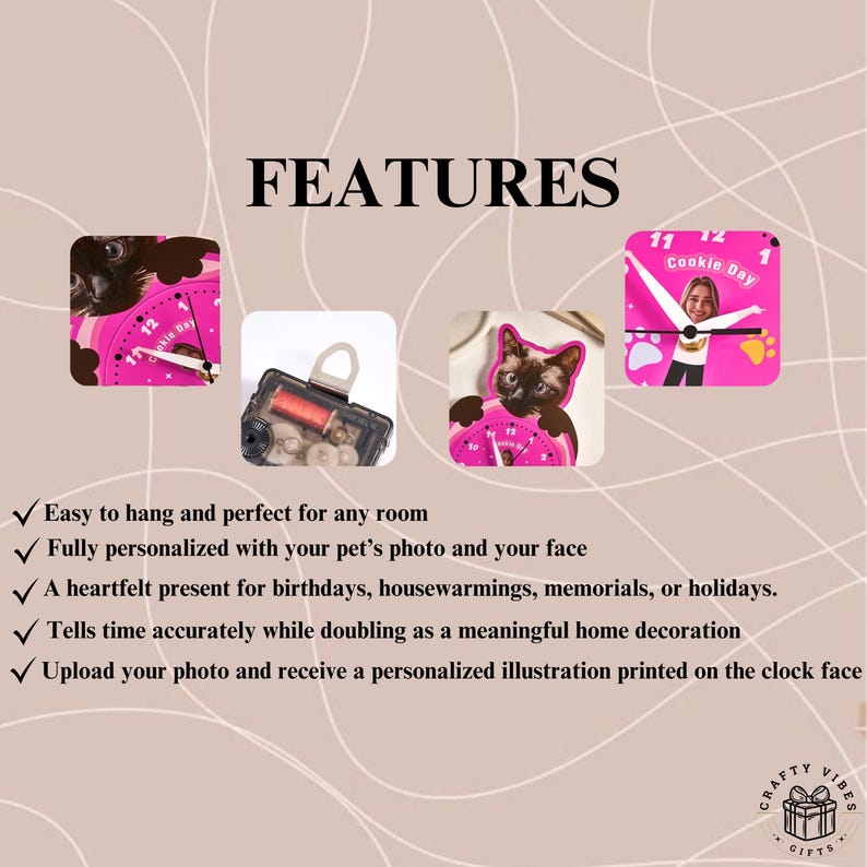 Custom wall clock photo display with pink pet-icon thumbnails and pet photo personalization, great as a housewarming gift.