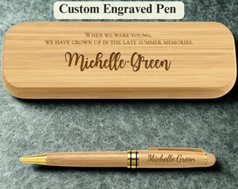 Custom Engraved Pen Set: Personalized Smooth Wood Writing Gift, Elegant Style (Name Monogram, Engraved Case, Compact Storage)