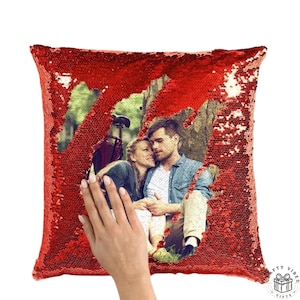 Funda de almohada fotográfica con lentejuelas personalizadas: Lentejuelas reversibles personalizadas, parte trasera de franela suave (cremallera oculta, 40 x 40 cm)