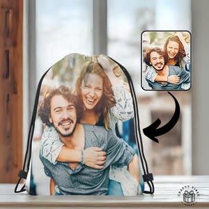 Custom Photo Gym Bag Personalized: Anniversary Keepsake, Durable Polyester, Washable (Drawstring Pouch, Gift For Couples)
