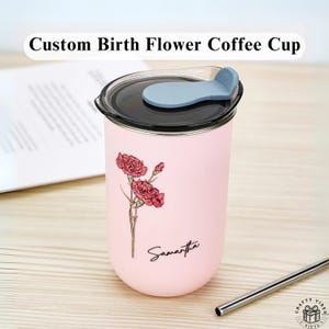 Copo térmico personalizado com flor de nascimento, gravação floral (355ml, aço inoxidável, tampa à prova de derramamento)