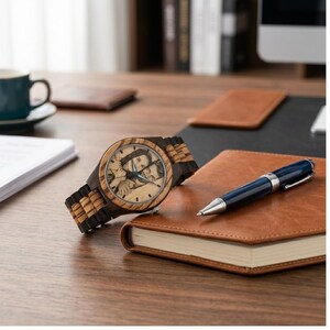 Personalized men’s wood watch with custom image dial and optional engraving on the back, stylish 45mm timepiece made from sustainable materials