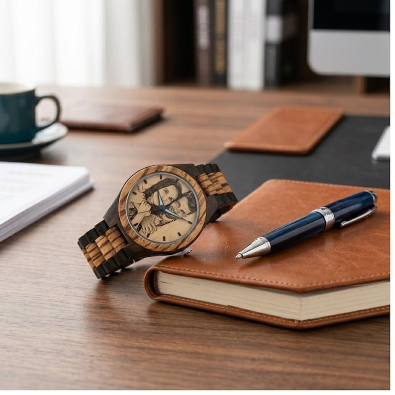 Personalized men’s wood watch with custom image dial and optional engraving on the back, stylish 45mm timepiece made from sustainable materials