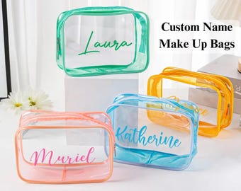 Borsa per il trucco personalizzata, organizer per articoli da toeletta personalizzato, regalo per damigella d&#39;onore, custodia da viaggio trasparente, approvata dalla TSA, custodia impermeabile per cosmetici, compleanno