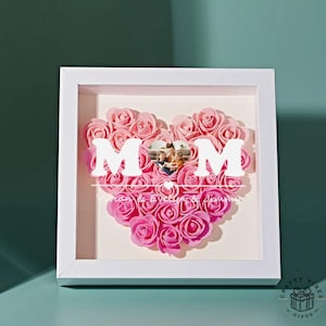 Shadow Box For Mom Heart Flower Keepsake, Personalized Gift, Custom Photo & Engraving (Wooden Frame, 8.9in, EVA Material)