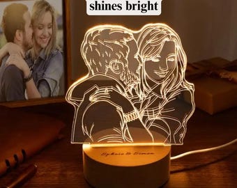 Photo Night Light Custom Acrylic Lamp, Romantic Gift, Warm LED Glow (Engraved Wooden Base, USB Powered, 7-Color Options)