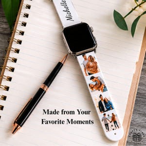 Personalized smartwatch strap featuring a custom collage of photos and name printing on a premium silicone Apple Watch band. Designed for comfort, durability, and sweat resistance, this custom accessory fits 38mm to 44mm Apple Watch sizes and makes a thoughtful gift for friends, family, partners, or pet lovers.