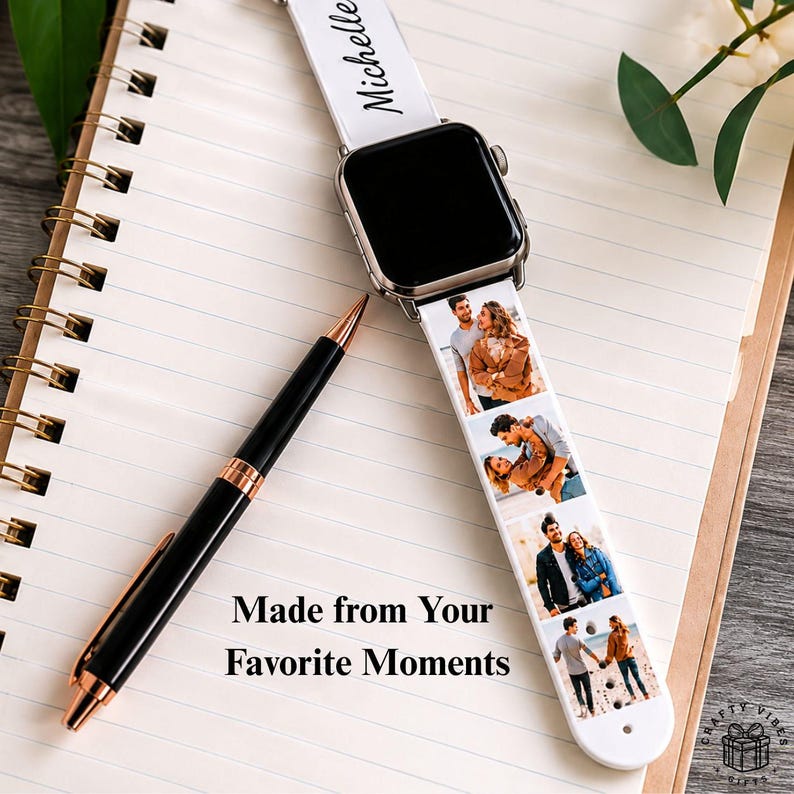 Personalized smartwatch strap featuring a custom collage of photos and name printing on a premium silicone Apple Watch band. Designed for comfort, durability, and sweat resistance, this custom accessory fits 38mm to 44mm Apple Watch sizes and makes a thoughtful gift for friends, family, partners, or pet lovers.